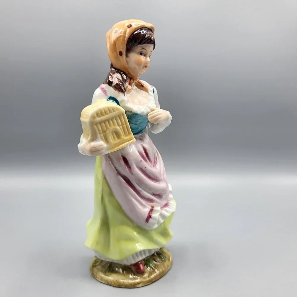 Vintage Porcelain Figurine Peasant Girl with Bird Cage 8